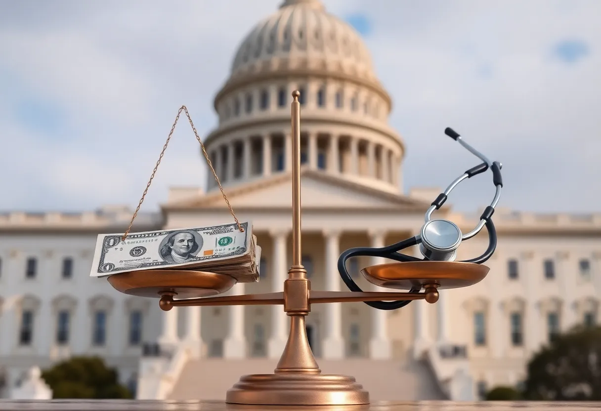 A balanced scale showing financial responsibility and healthcare themes.