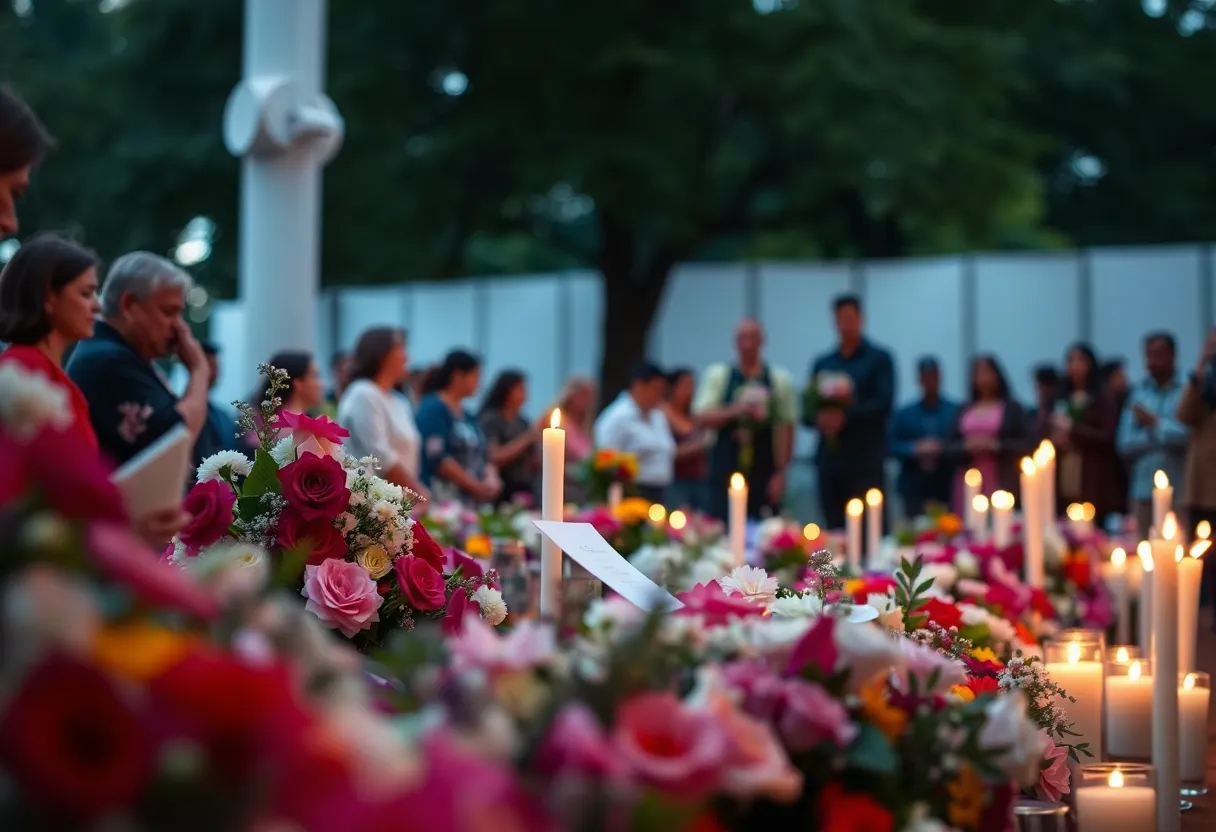 Memorial service setup with flowers and candles for William Allen Hood