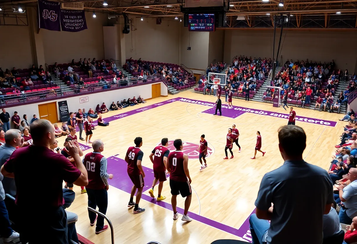 Mississippi State University basketball players practicing on the court