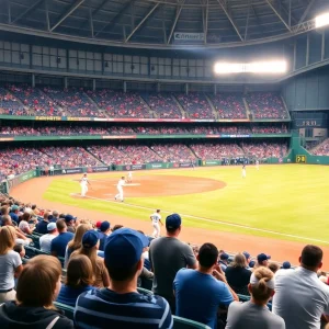Fans cheering at an NCAA baseball tournament game with players on the field.