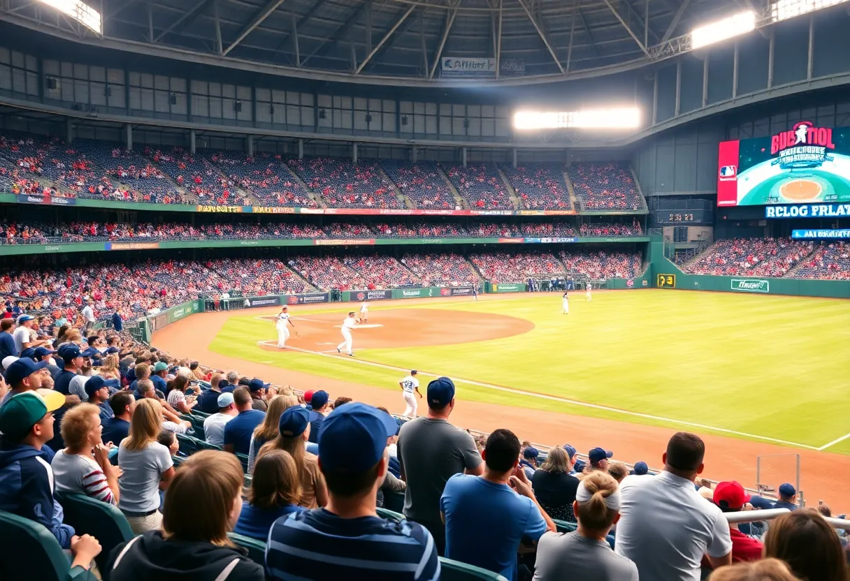 Fans cheering at an NCAA baseball tournament game with players on the field.