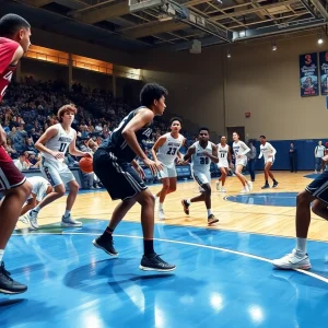College basketball players in action during a game