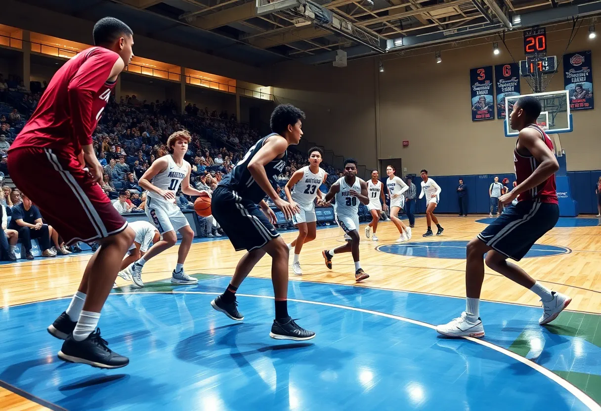 College basketball players in action during a game