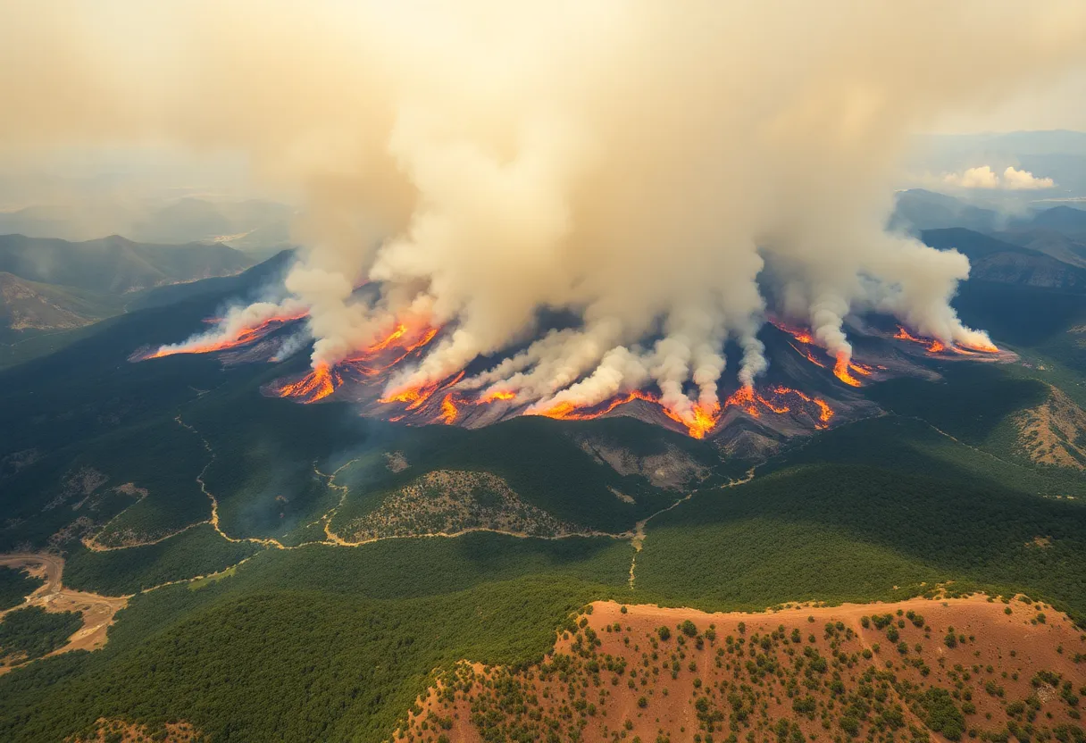 Aerial view of New Mexico wildfires burning large areas with smoke