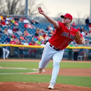 Pitcher throwing during a collegiate baseball game.