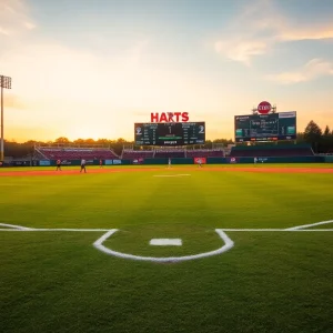 Sunset over Ole Miss baseball field with scoreboard