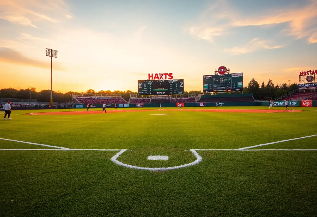 Sunset over Ole Miss baseball field with scoreboard