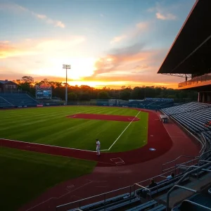 Empty baseball field at Ole Miss with sunset in the background