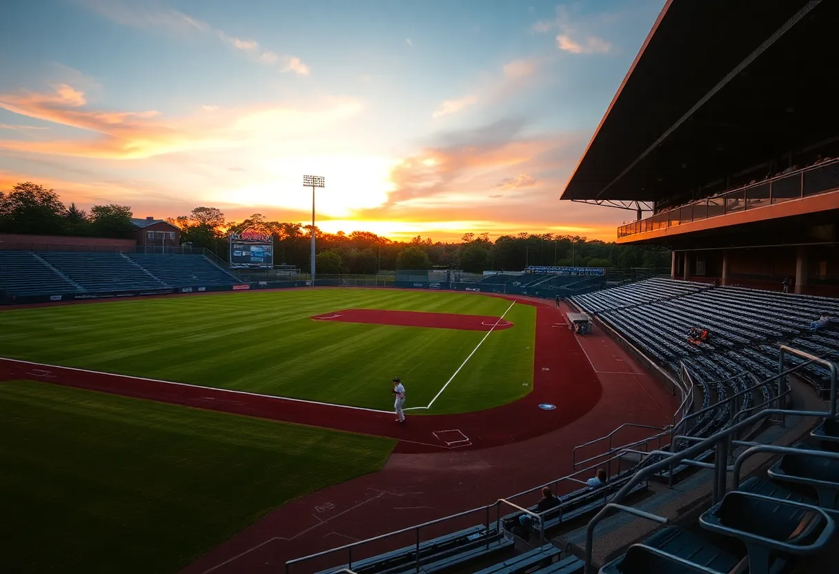 Empty baseball field at Ole Miss with sunset in the background