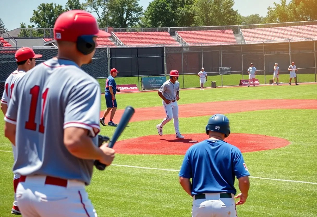 Ole Miss baseball players practicing on the field