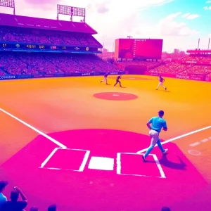 Illustration of a dynamic baseball scene with players and a crowd