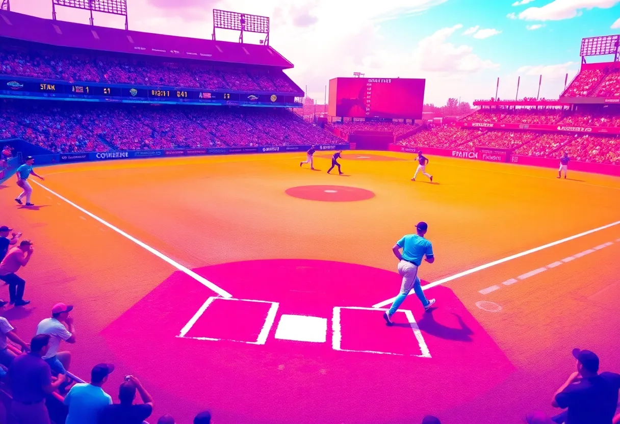 Illustration of a dynamic baseball scene with players and a crowd