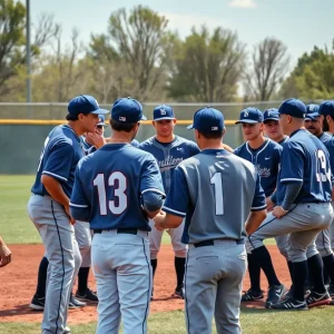 Ole Miss baseball team in strategizing discussion on field