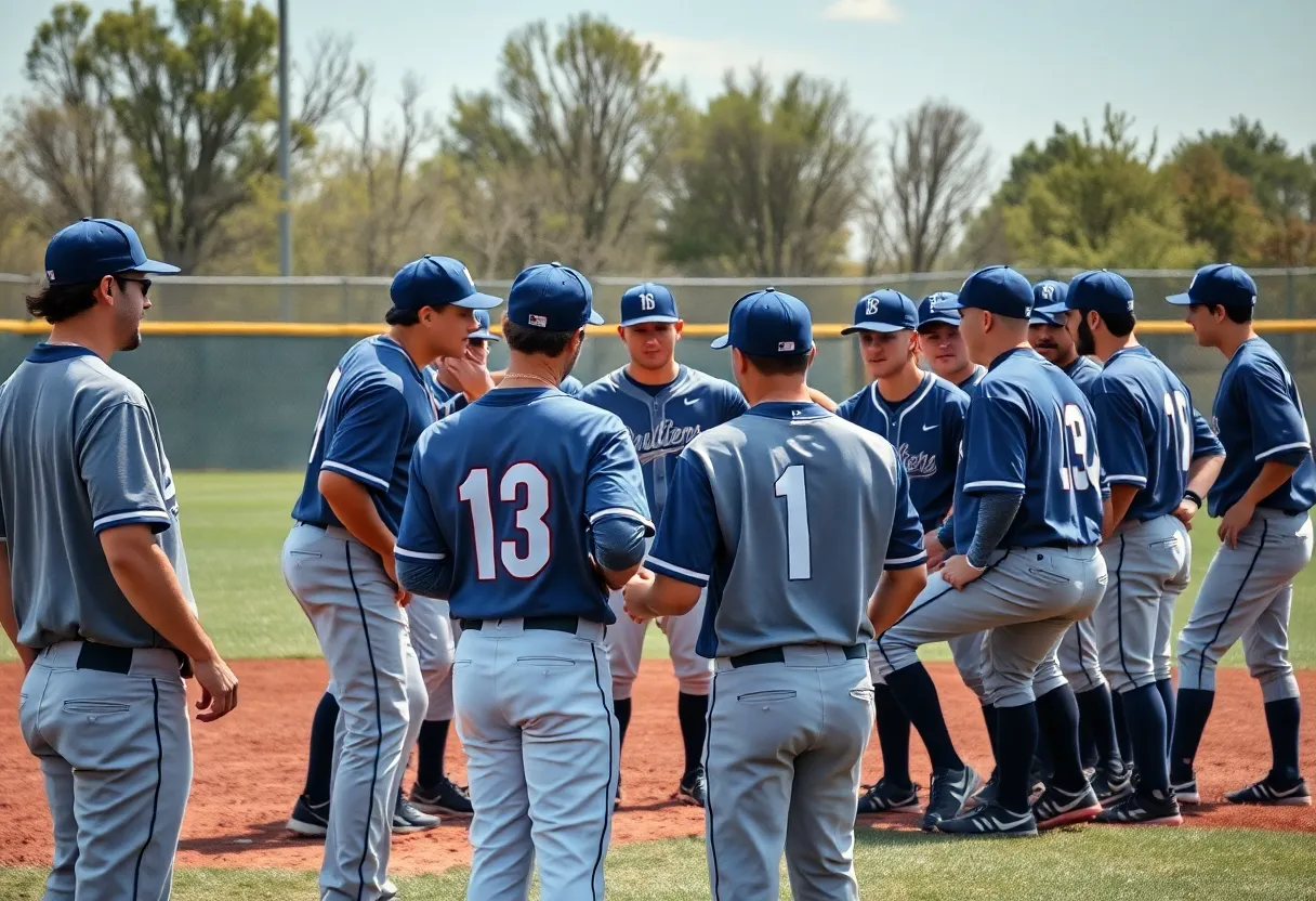 Ole Miss baseball team in strategizing discussion on field