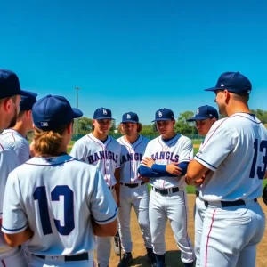 Ole Miss Rebels baseball team in a strategic meeting on the field