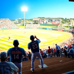 Ole Miss baseball team celebrating their victory against Georgia Tech