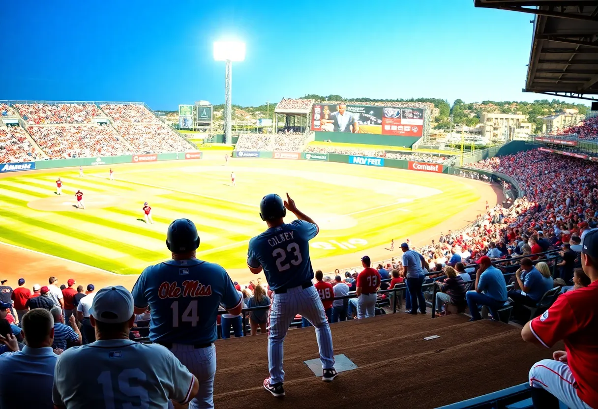 Ole Miss baseball team celebrating their victory against Georgia Tech
