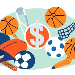Illustration of college sports equipment with a dollar sign representing financial support