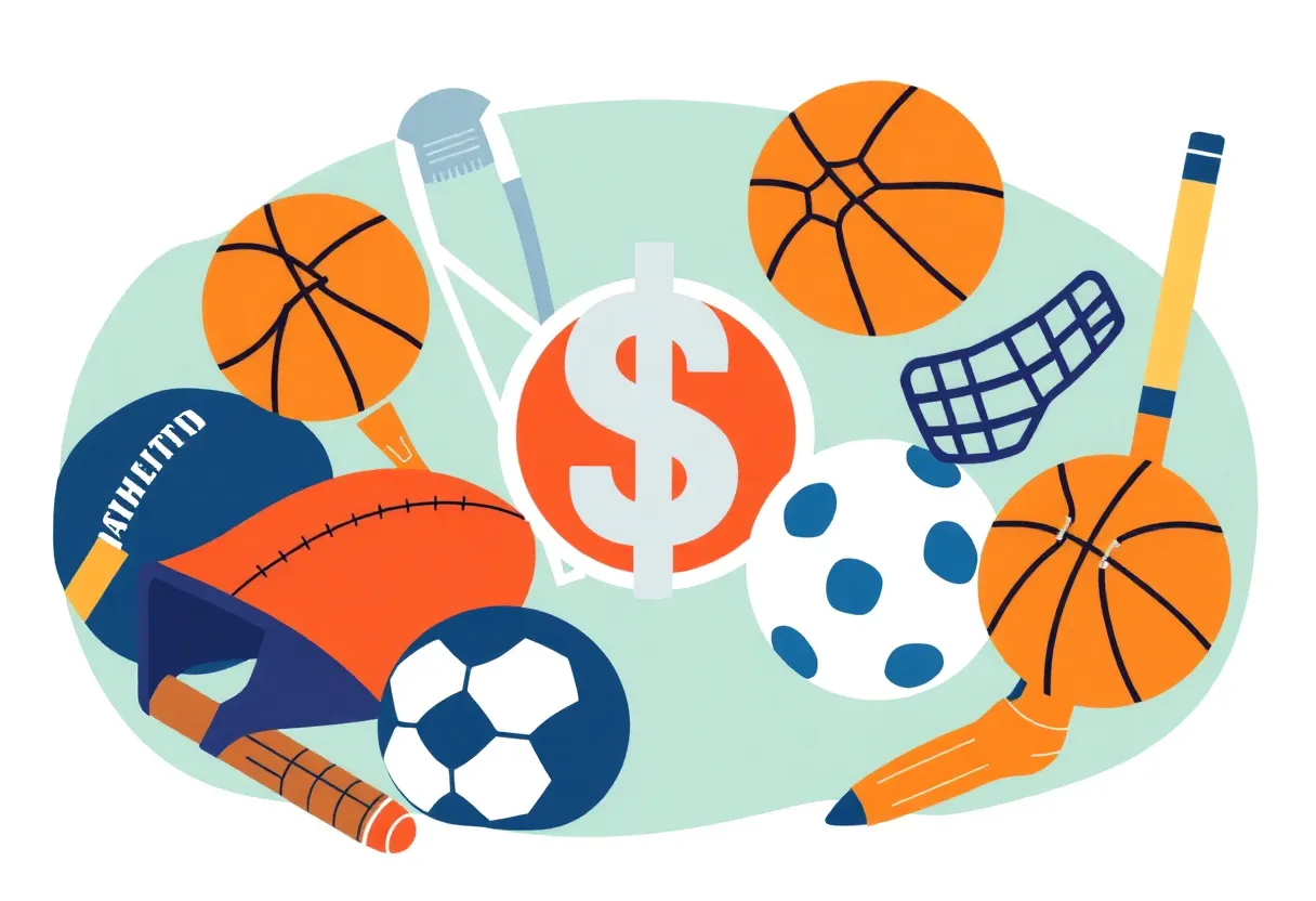 Illustration of college sports equipment with a dollar sign representing financial support