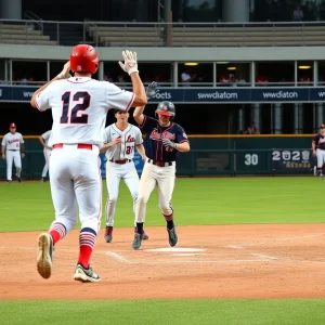 Ole Miss baseball players celebrating after scoring a home run during the NCAA Tournament.