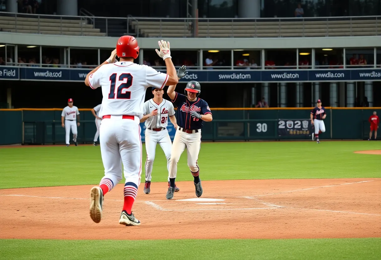 Ole Miss baseball players celebrating after scoring a home run during the NCAA Tournament.