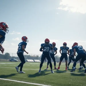 Athletes practicing football on a field representing the Ole Miss Rebels.