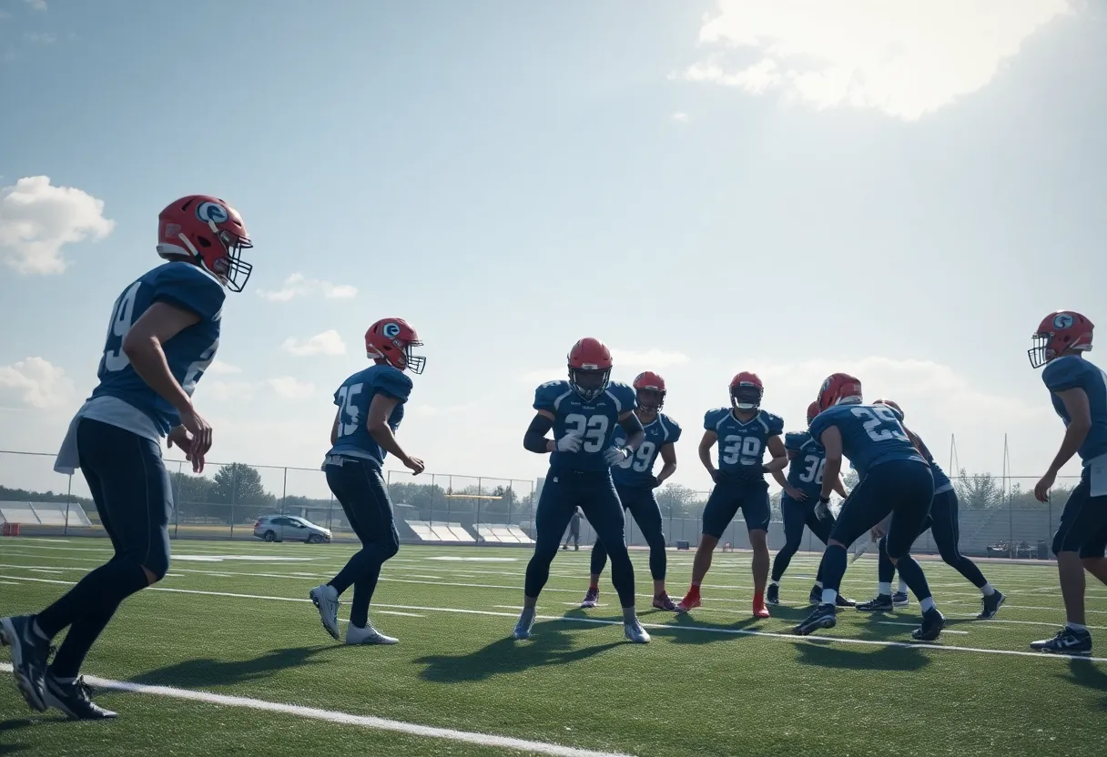 Athletes practicing football on a field representing the Ole Miss Rebels.