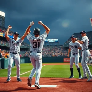 Ole Miss Rebels celebrating after winning a baseball game.