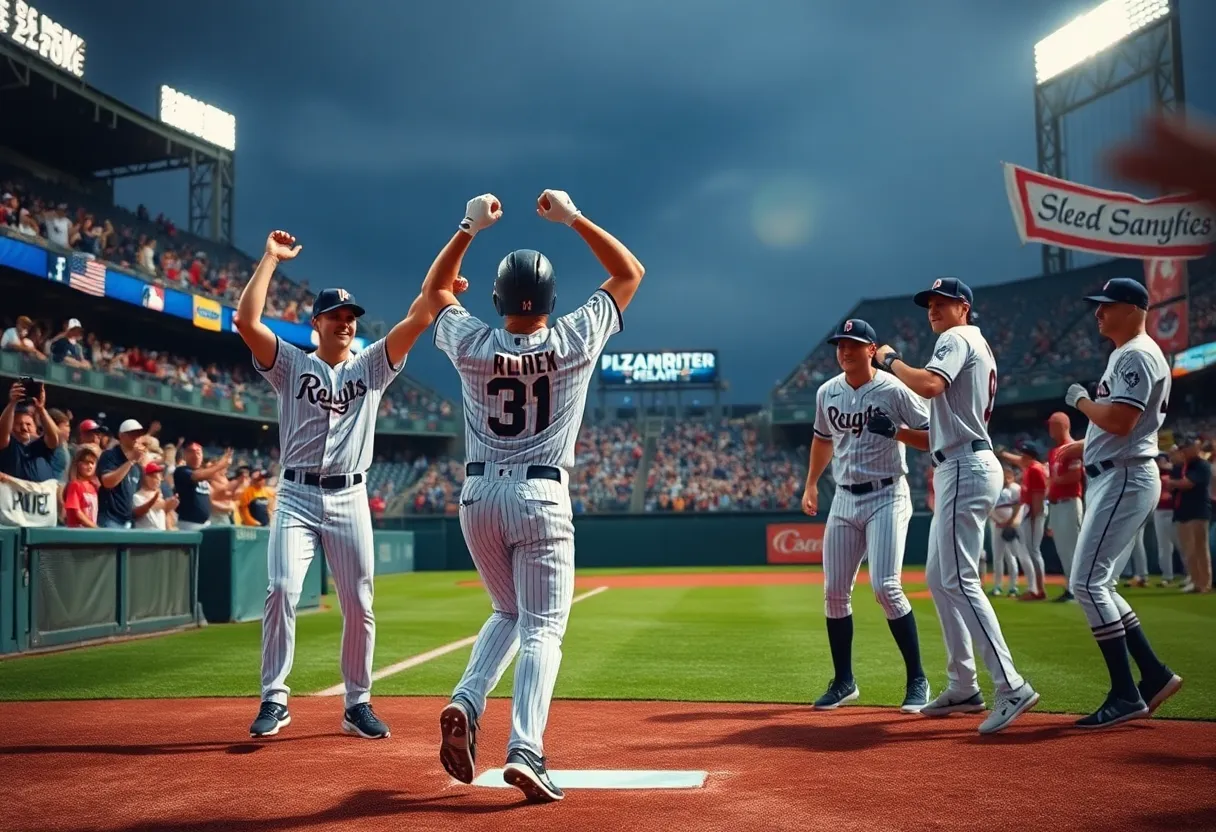 Ole Miss Rebels celebrating after winning a baseball game.