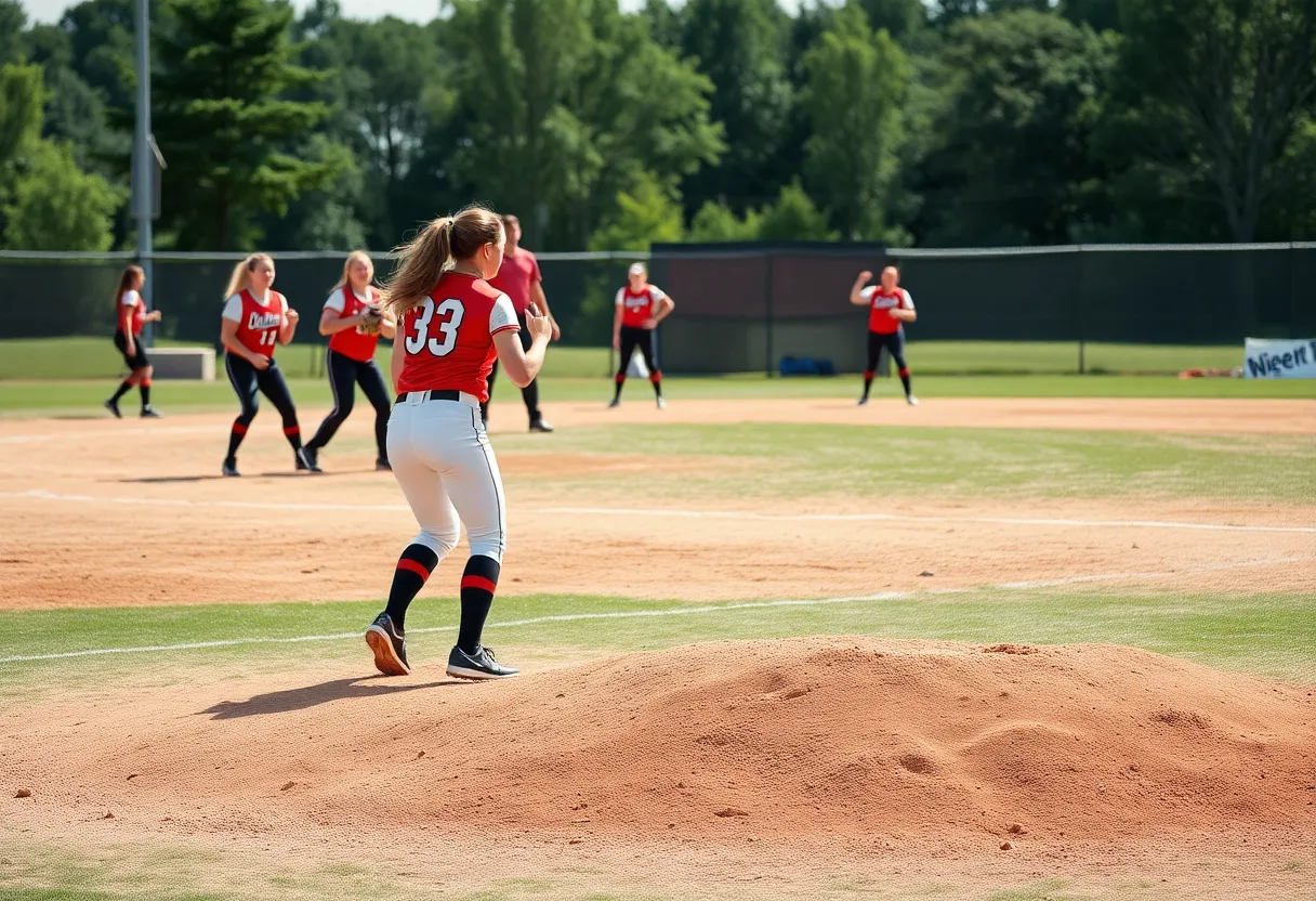 Action shot of a softball pitcher in a game setting