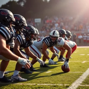 Ole Miss football team practicing with focus on offensive line drills.