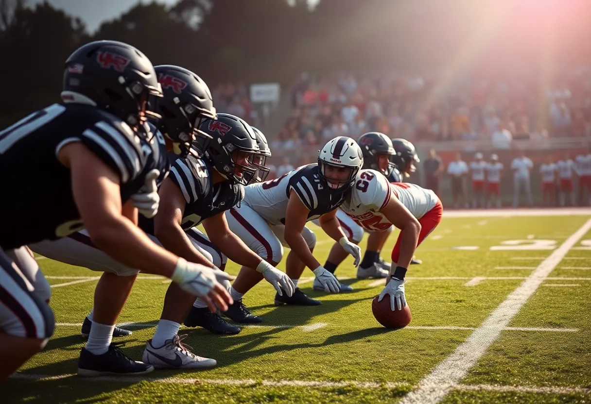 Ole Miss football team practicing with focus on offensive line drills.