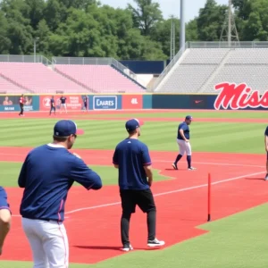 Ole Miss Rebels baseball players practicing on the field