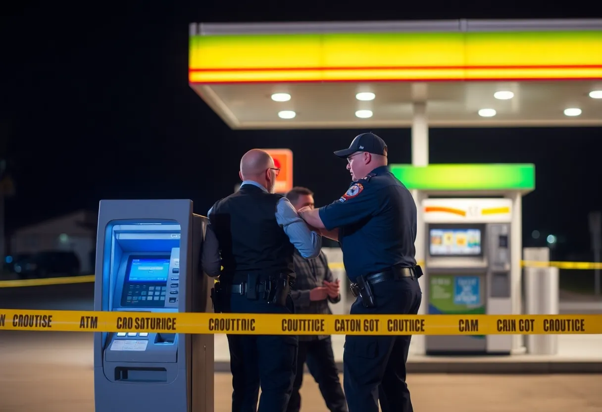 Police officer apprehending suspect at gas station