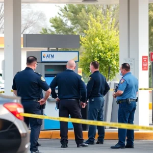 Police officers investigating an ATM theft at a gas station in Oxford.
