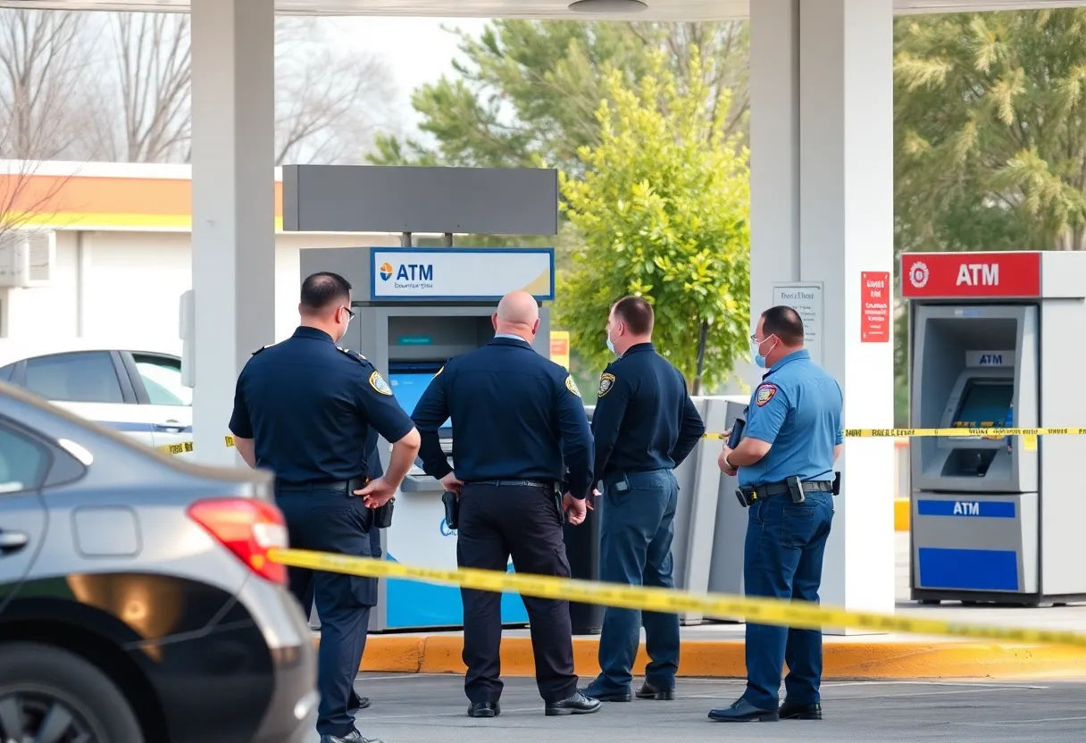 Police officers investigating an ATM theft at a gas station in Oxford.