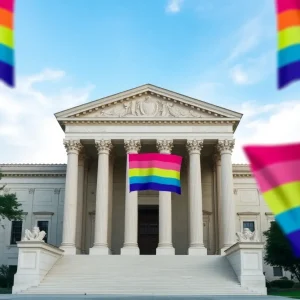 Supreme Court building with transgender pride flags