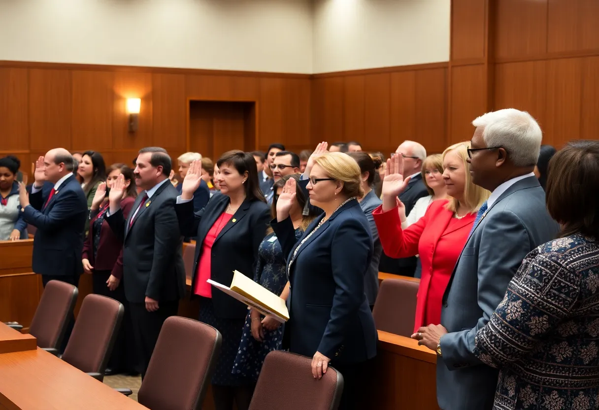 Mayor Robyn Tannehill and new officials at swearing-in ceremony in courtroom
