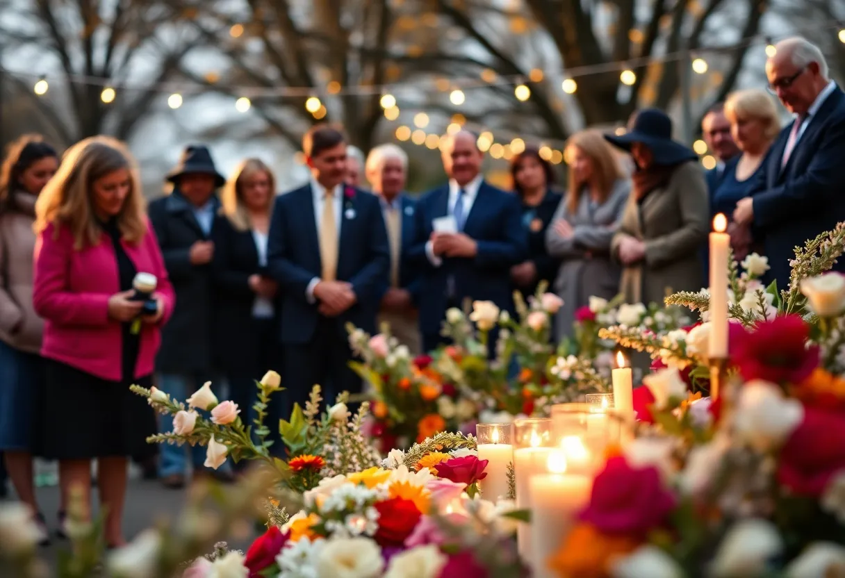 Community memorial scene with flowers and candles