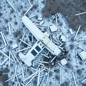 Aerial view of debris scattered from an aircraft crash in rural landscape