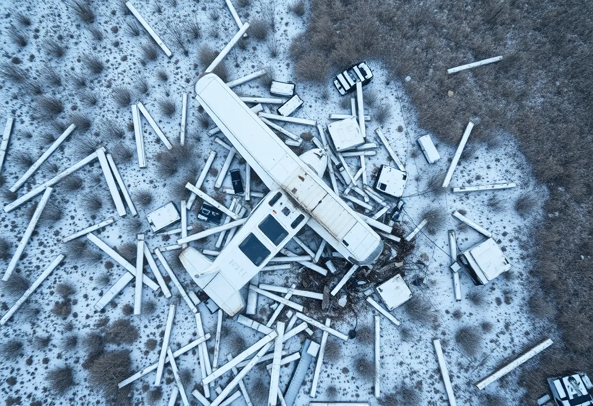 Aerial view of debris scattered from an aircraft crash in rural landscape