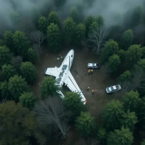 Aerial view of an aircraft crash site with emergency responders
