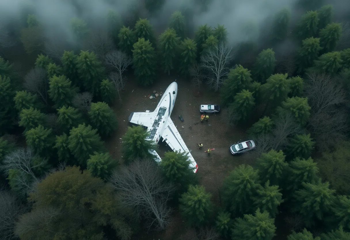 Aerial view of an aircraft crash site with emergency responders