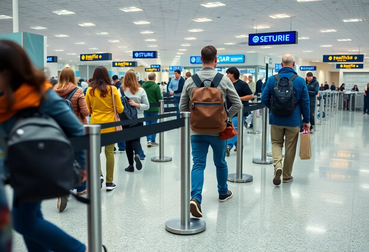 Travelers at an airport security checkpoint without removing their shoes