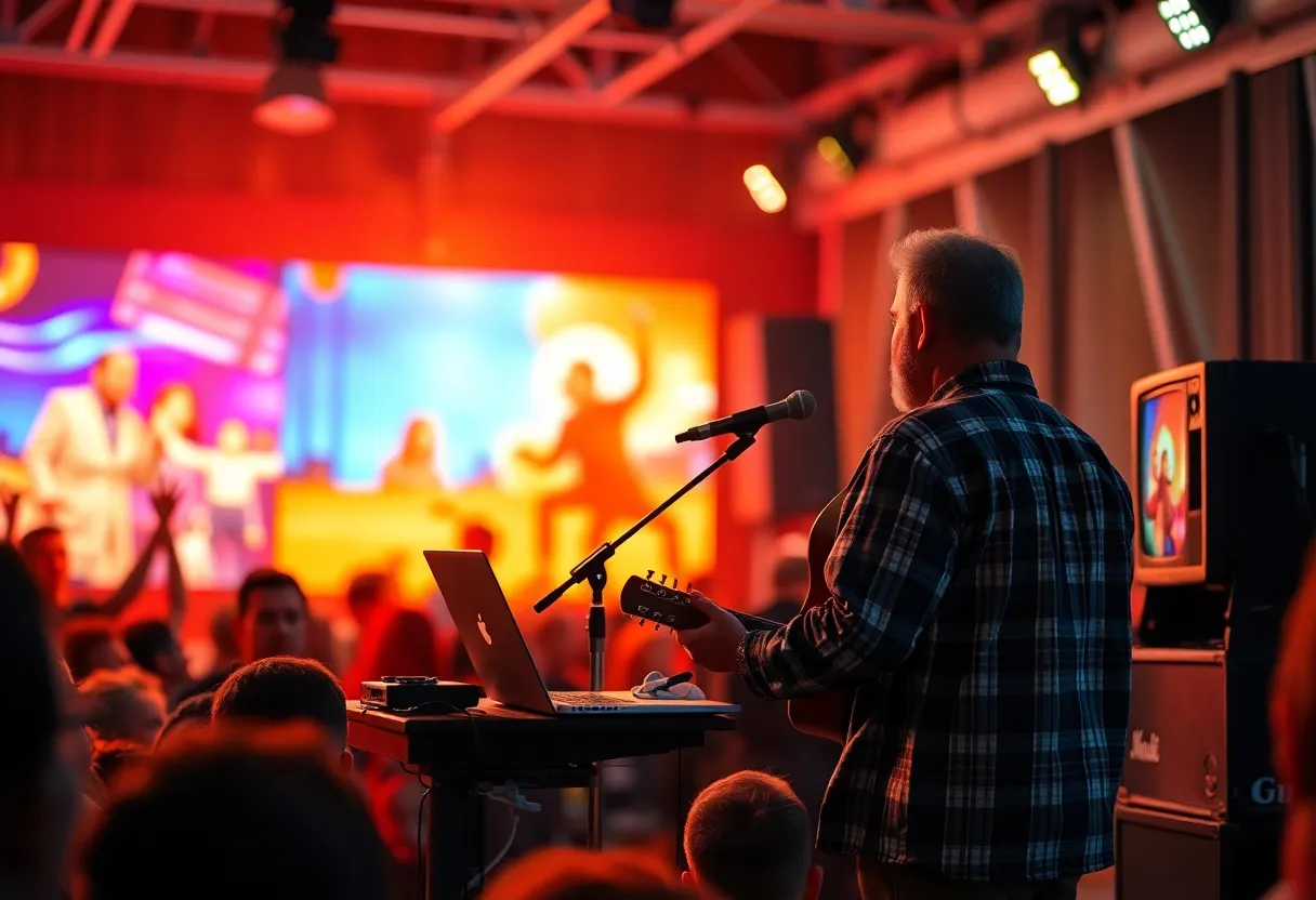 Solo musician performing on stage with vibrant visuals