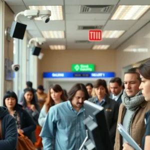 Interior view of a busy bank during a robbery incident