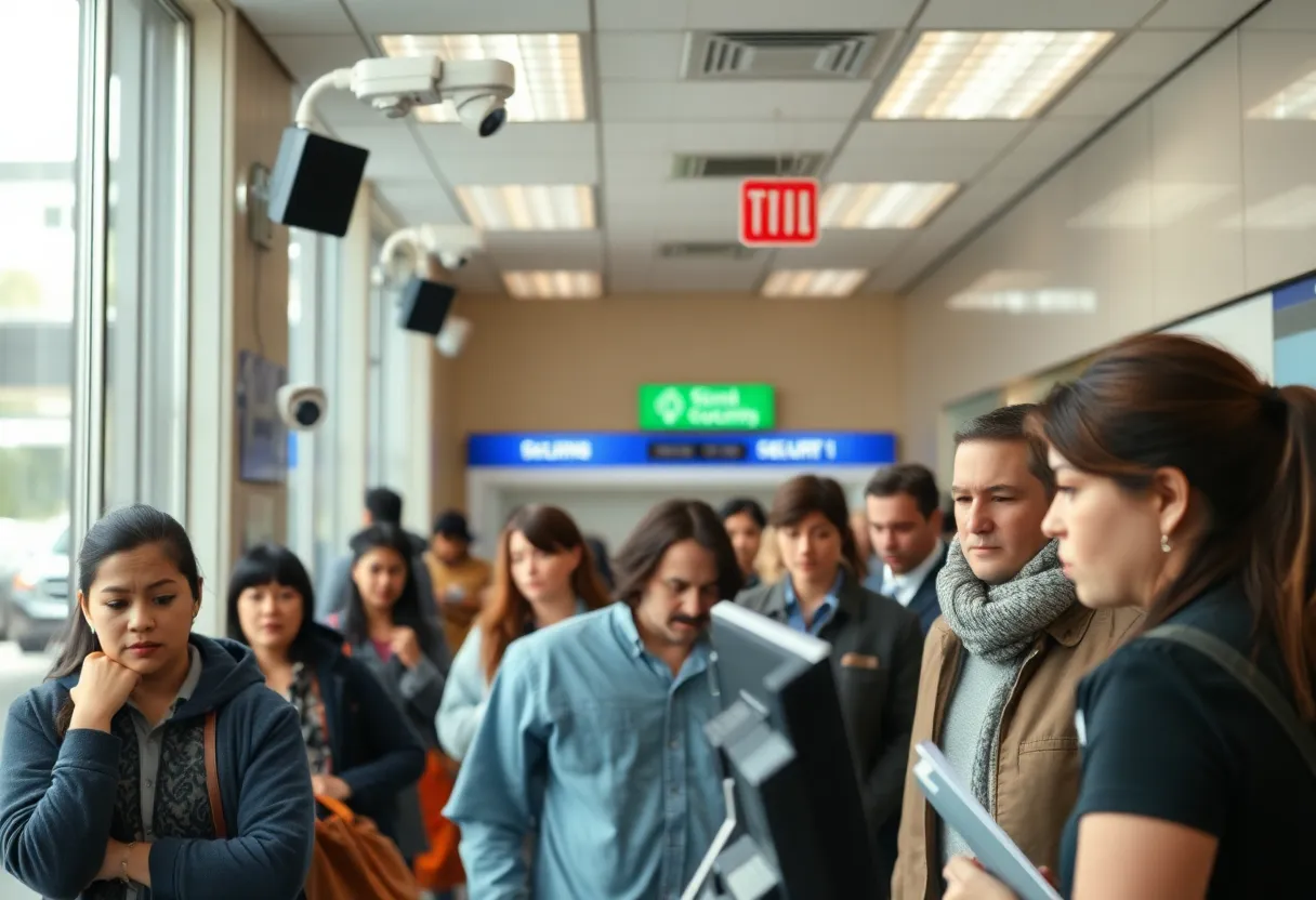 Interior view of a busy bank during a robbery incident