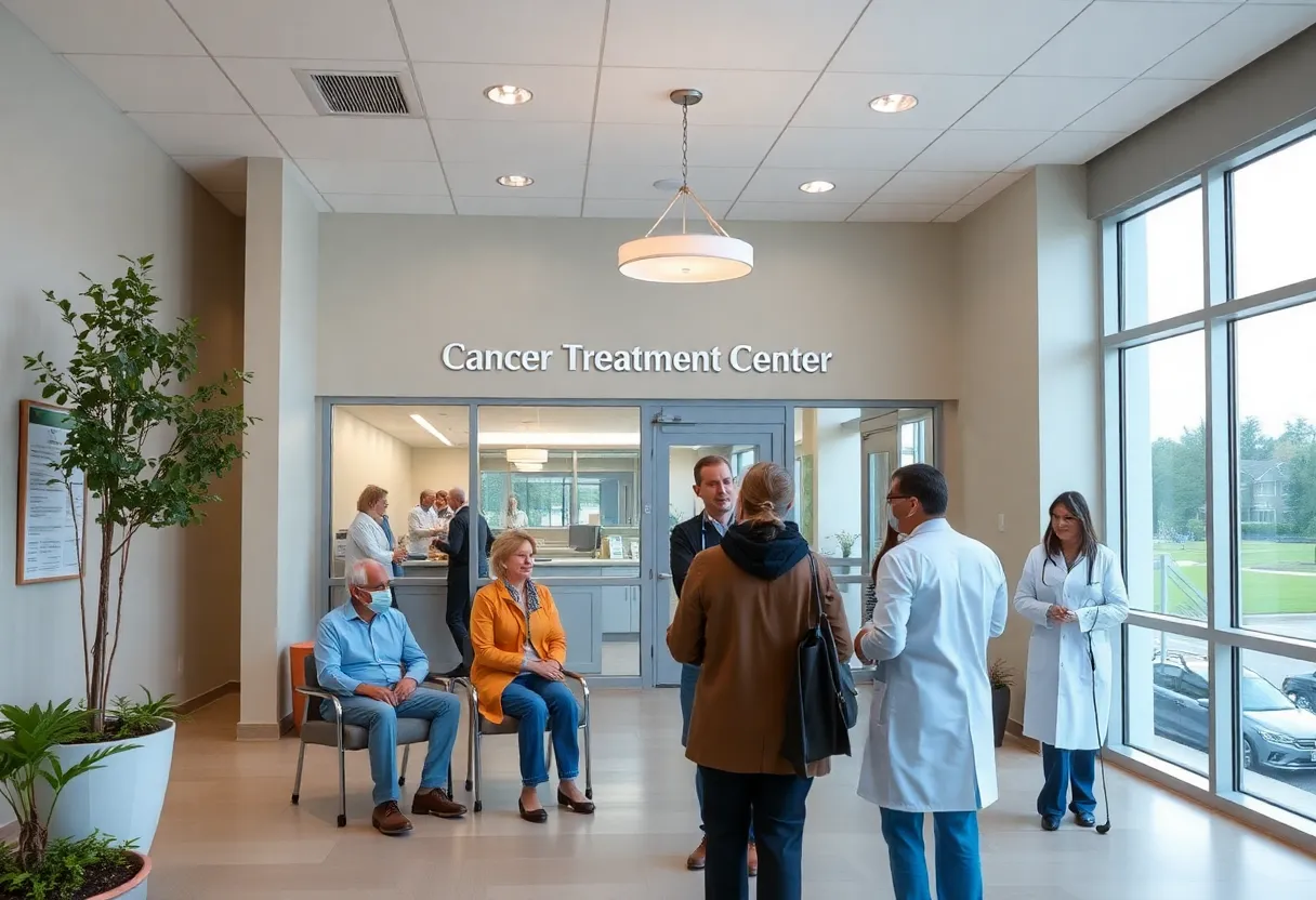 Exterior view of Baptist Cancer Center-Oxford with community members participating in health awareness event.