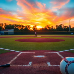 Baseball field with pitcher's mound during sunset