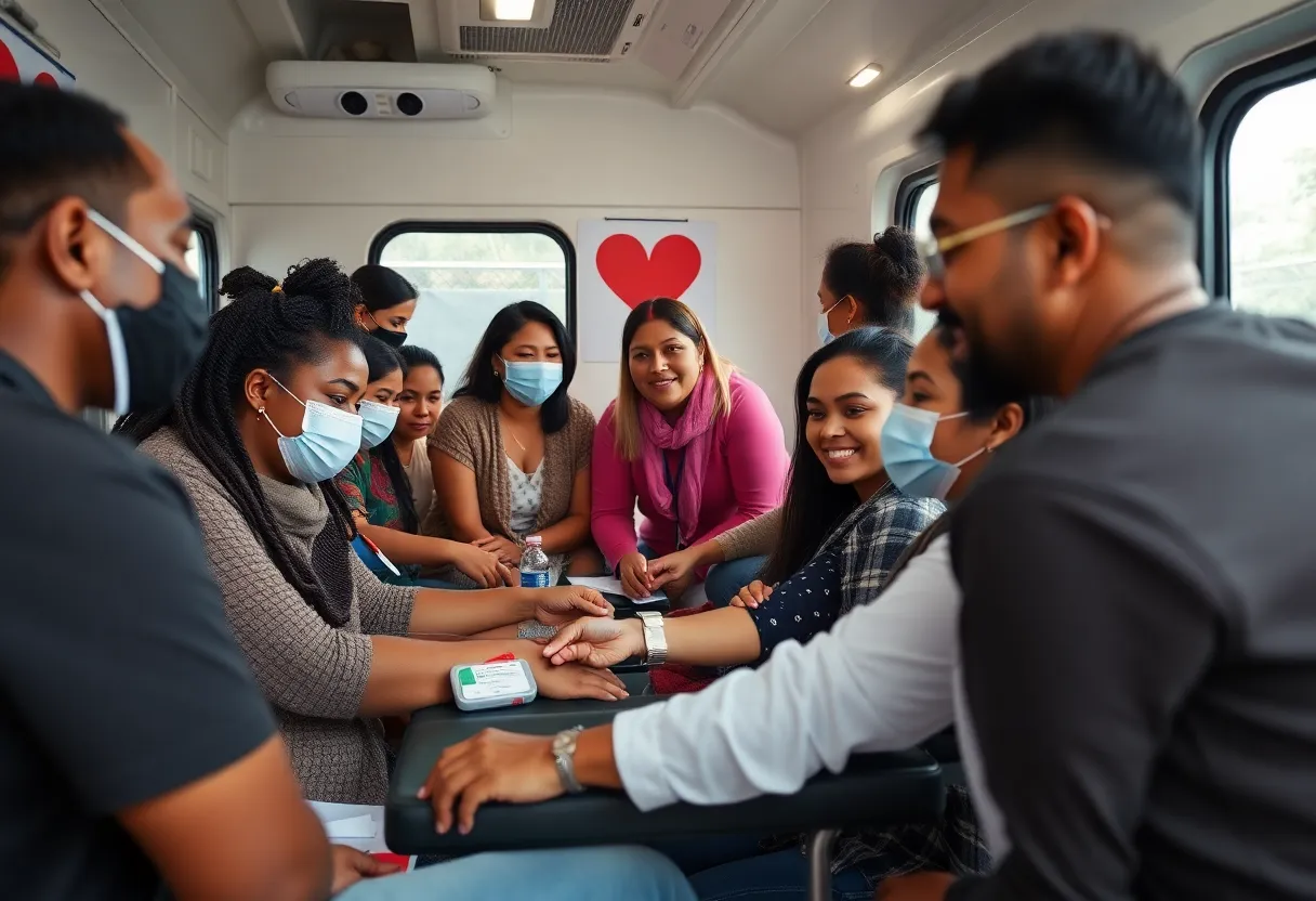 People donating blood at a mobile blood donation center